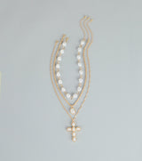 Soft Shine Faux Pearl Cross Charm Necklace Set