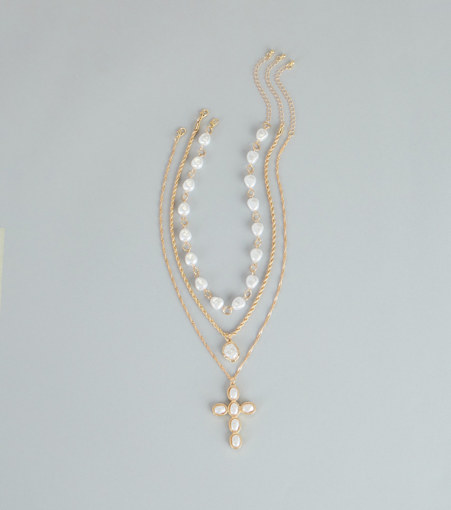 Soft Shine Faux Pearl Cross Charm Necklace Set