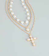 Soft Shine Faux Pearl Cross Charm Necklace Set